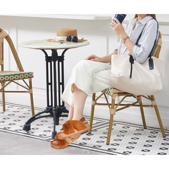 Women's Brown Fleece Fuzzy Fur Criss Cross Open Band Cozy Slippers Shoes - Picture 2 of 9